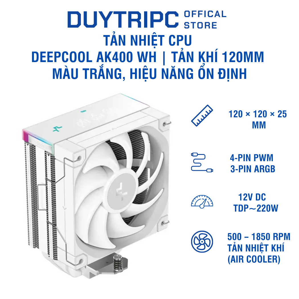 Tản nhiệt CPU Deepcool AK400 WH | Tản khí 120mm màu trắng, hiệu năng ổn định